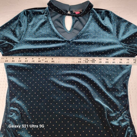 Vince Camuto v-neck top green‎ velvet size Lg choker collar gold polka dot studs - Picture 5 of 10